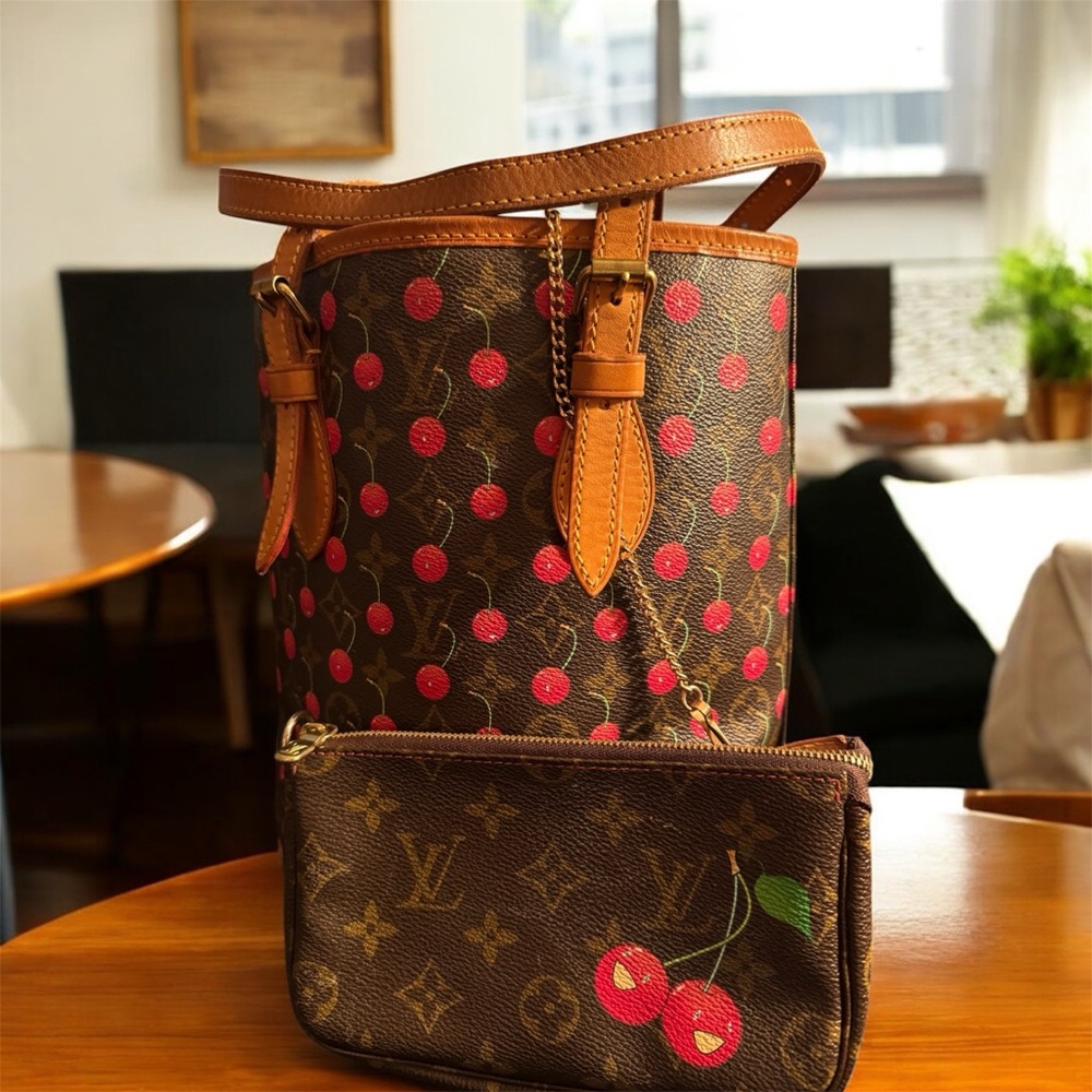 Louis Vuitton Takashi Murakami Cerises Cherry Bucket Bag Handbag w Pochette